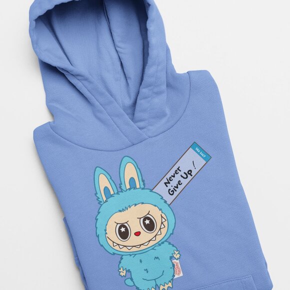 Blue Labubu Hoodie – Cute Elf Design with “Never Give Up” Message | Gift-Ready - Picture 7 of 9